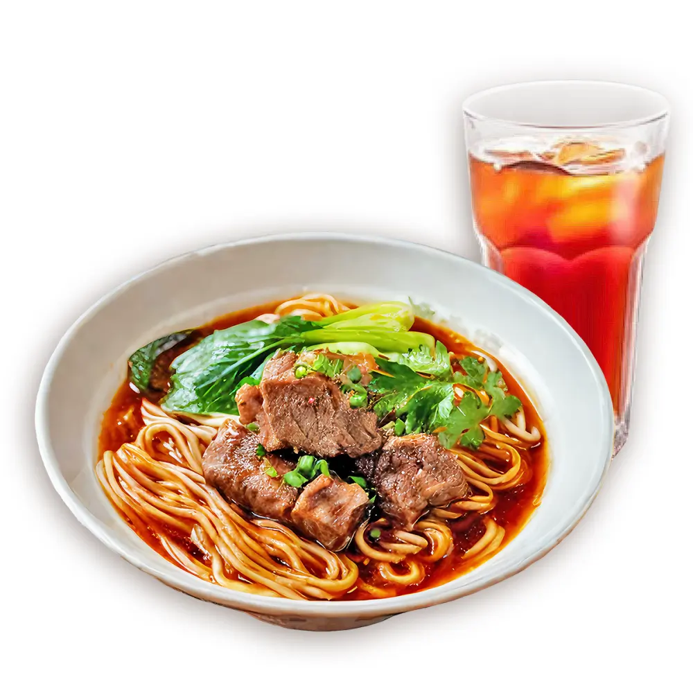 Noodles in broth with braised beef, greens and iced tea.