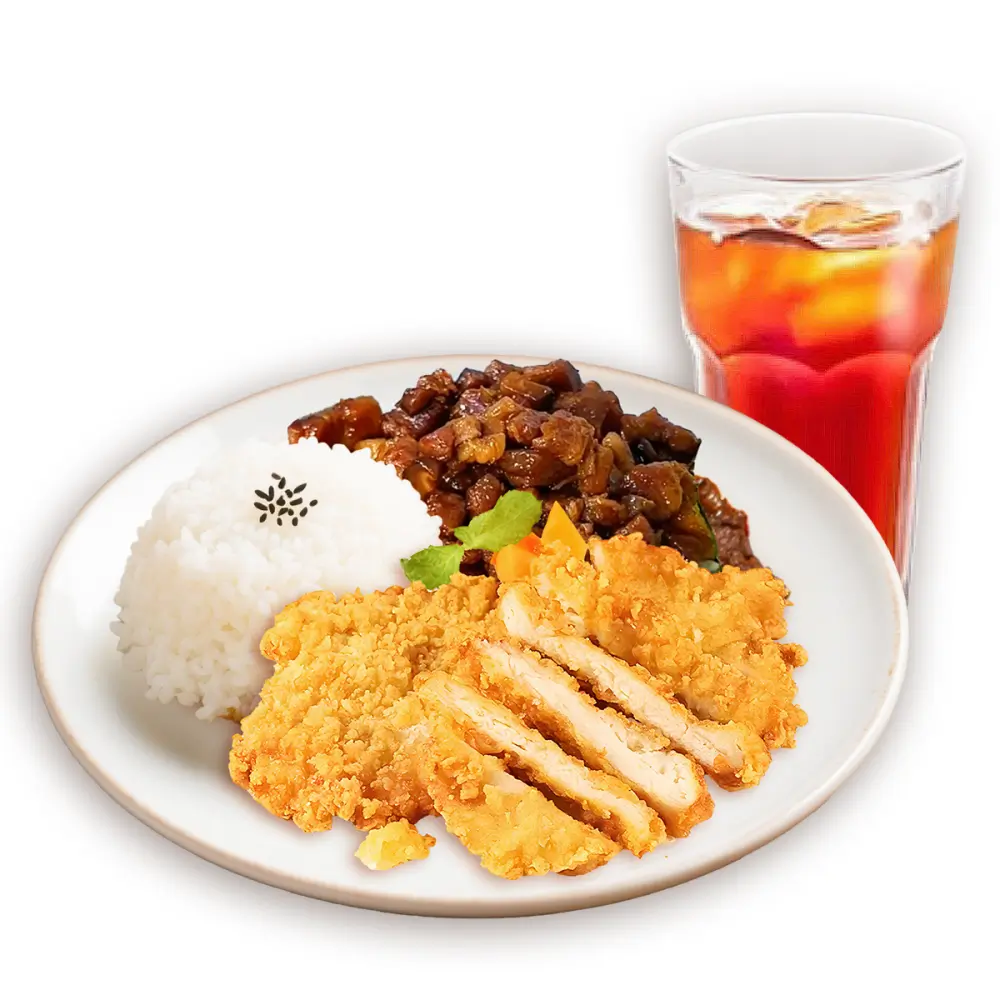 Rice with braised pork, chicken cutlet and iced tea.