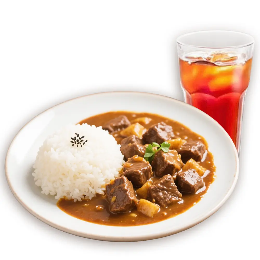 Rice with curry beef stew and iced tea.
