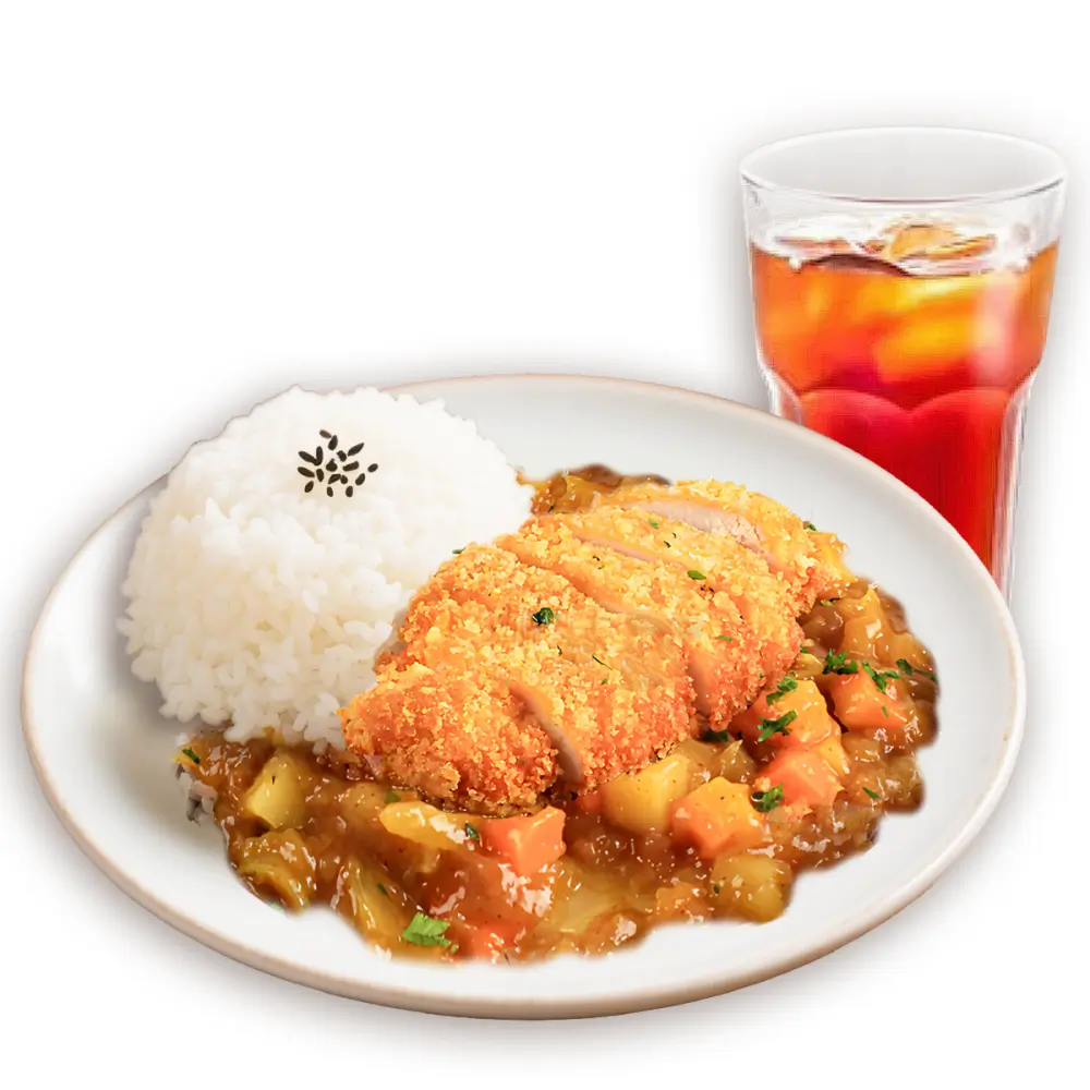 Rice with curry, chicken cutlet and iced tea.