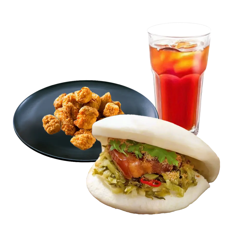Pork belly gua bao and salted crispy chicken with iced tea.