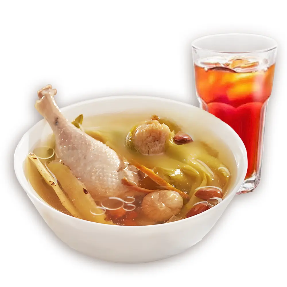 Noodles in herbal chicken soup with iced tea.