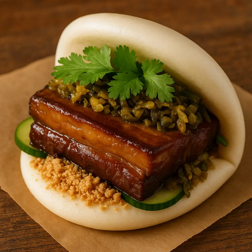 Soft bun with braised pork belly, pickles and cilantro.