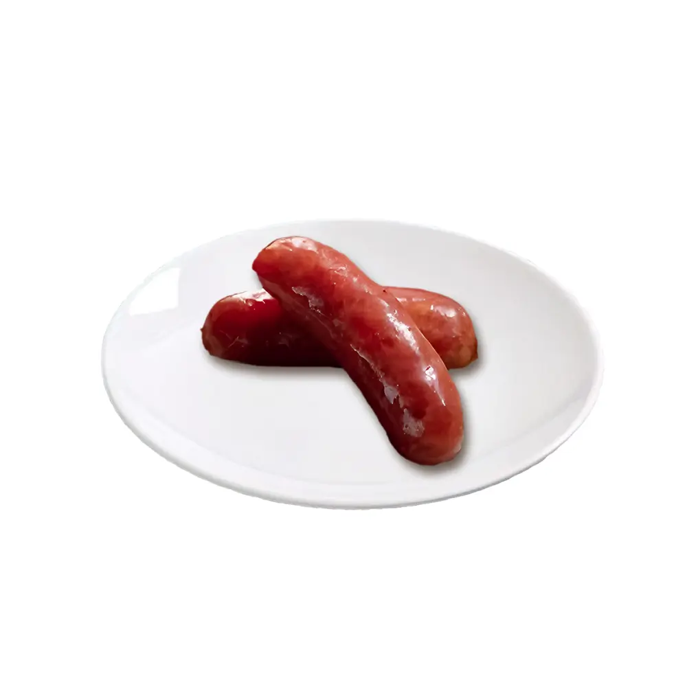 Two glazed Taiwanese sausages on white plate.